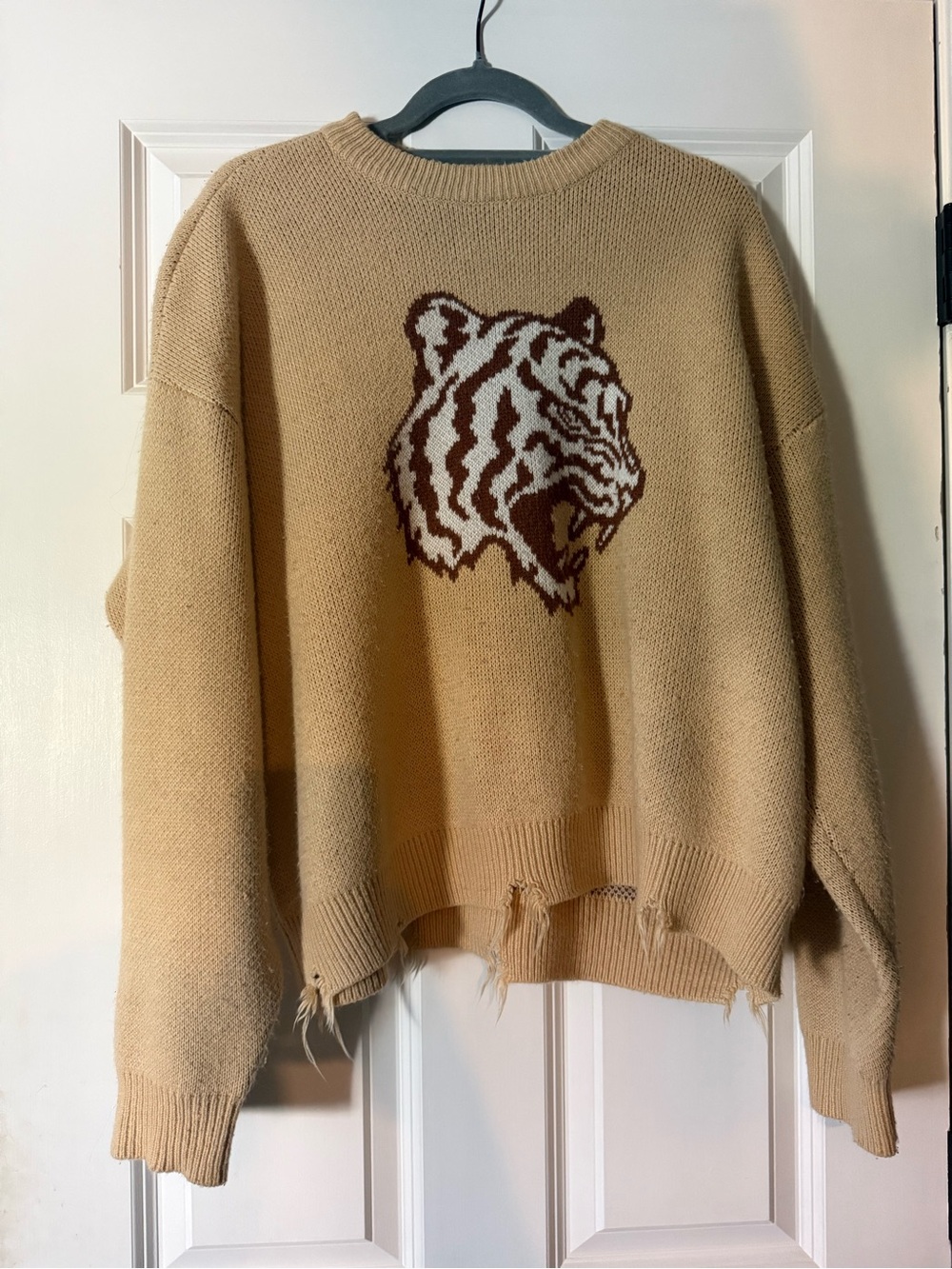 PacSun Distressed Beige Sweater with Brown Tiger